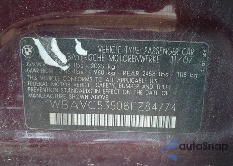 2008 BMW 328I from USA, damaged, VIN WBAVC53508FZ84774